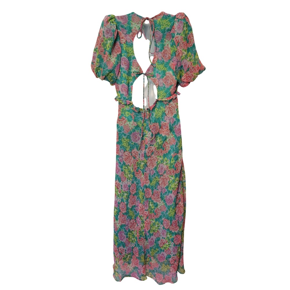 ASTR The Label M Maxi Dress Green Pink Floral Puff Sleeve ESPERANZA V Neck Fairy - Picture 4 of 10